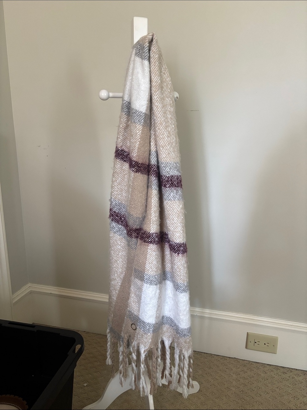 Calvin Klein Plaid Fringe Throw Blanket - Beige, White & Mauve Stripes